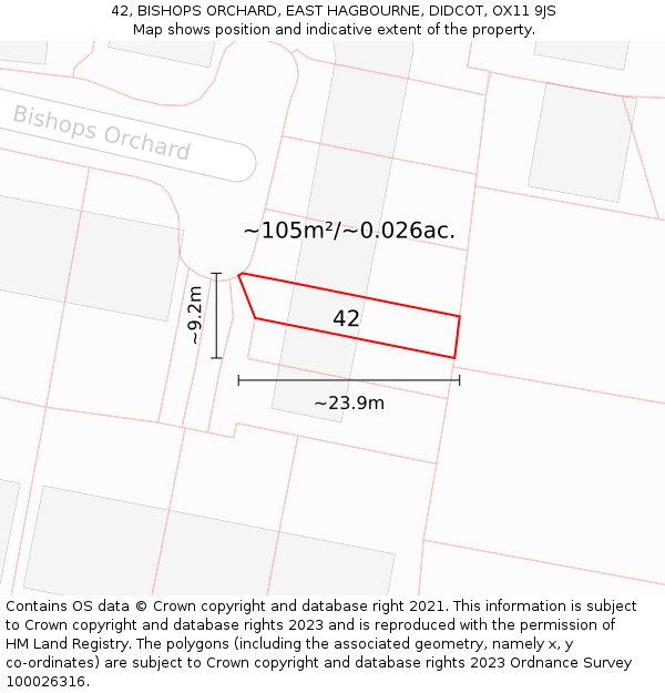 42, BISHOPS ORCHARD, EAST HAGBOURNE, DIDCOT, OX11 9JS: Plot and title map