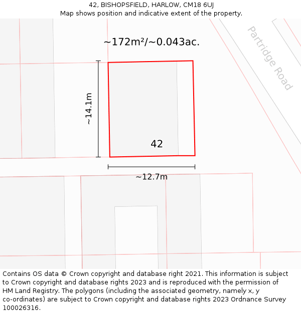 42, BISHOPSFIELD, HARLOW, CM18 6UJ: Plot and title map