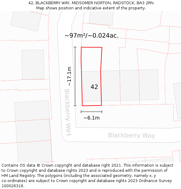 42, BLACKBERRY WAY, MIDSOMER NORTON, RADSTOCK, BA3 2RN: Plot and title map