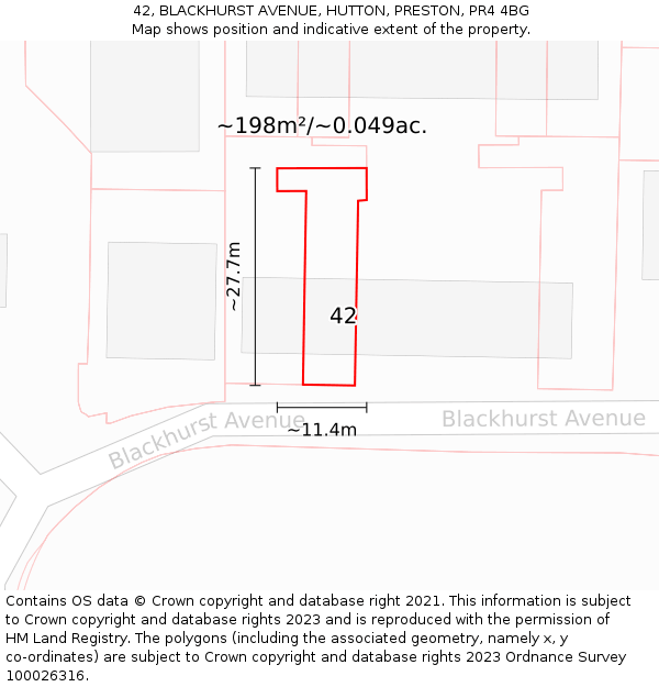 42, BLACKHURST AVENUE, HUTTON, PRESTON, PR4 4BG: Plot and title map
