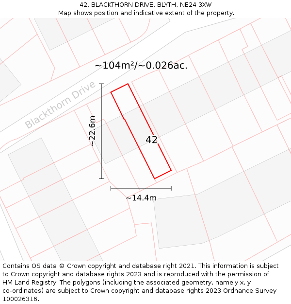 42, BLACKTHORN DRIVE, BLYTH, NE24 3XW: Plot and title map