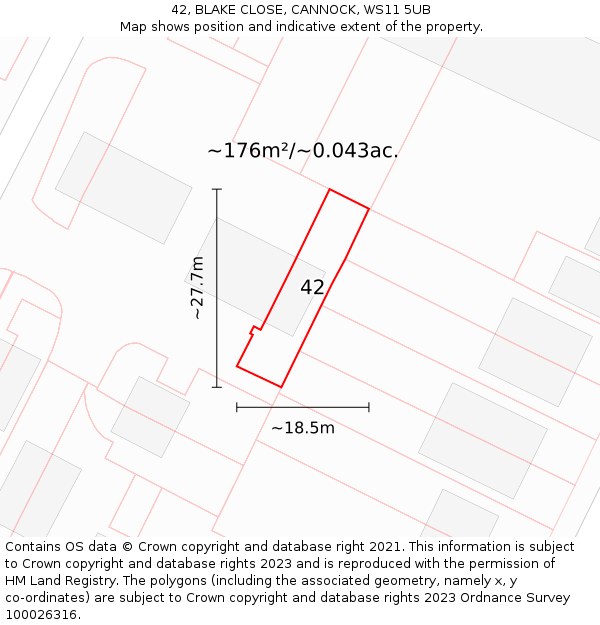 42, BLAKE CLOSE, CANNOCK, WS11 5UB: Plot and title map