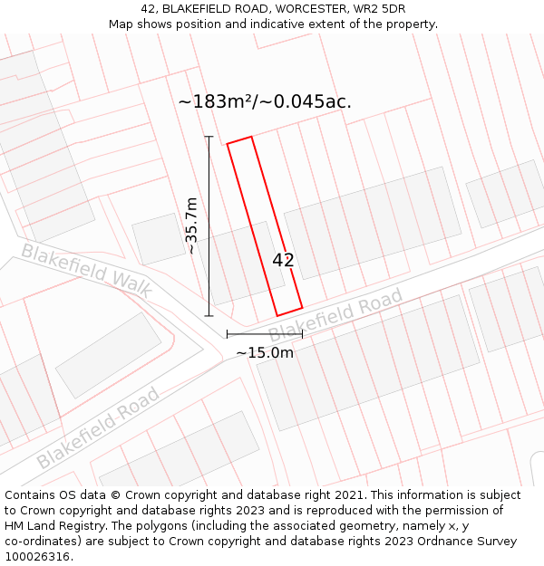 42, BLAKEFIELD ROAD, WORCESTER, WR2 5DR: Plot and title map