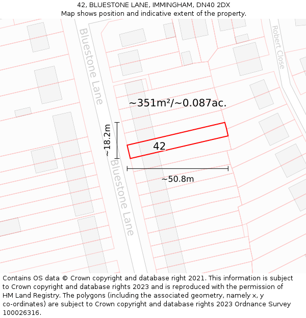 42, BLUESTONE LANE, IMMINGHAM, DN40 2DX: Plot and title map