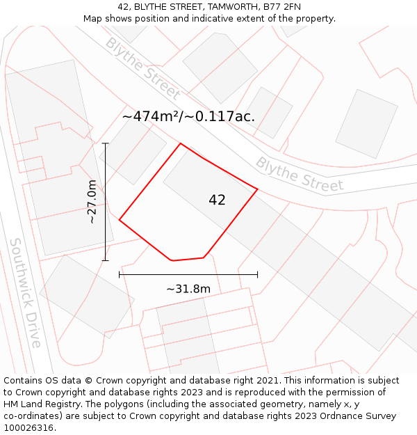 42, BLYTHE STREET, TAMWORTH, B77 2FN: Plot and title map