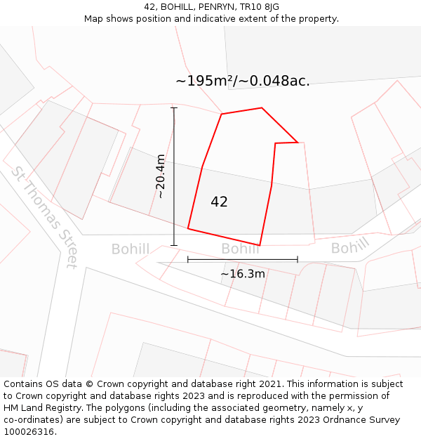 42, BOHILL, PENRYN, TR10 8JG: Plot and title map