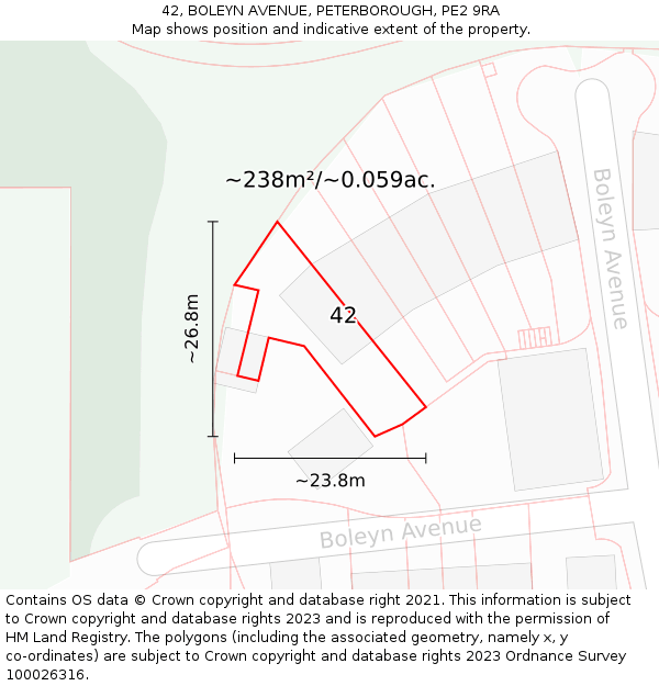 42, BOLEYN AVENUE, PETERBOROUGH, PE2 9RA: Plot and title map