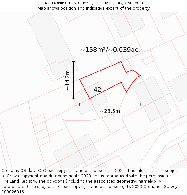 42, BONINGTON CHASE, CHELMSFORD, CM1 6GB: Plot and title map
