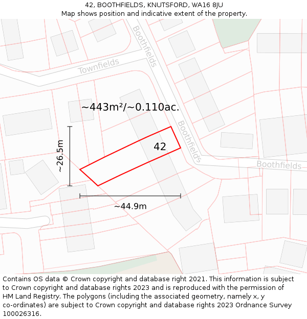 42, BOOTHFIELDS, KNUTSFORD, WA16 8JU: Plot and title map