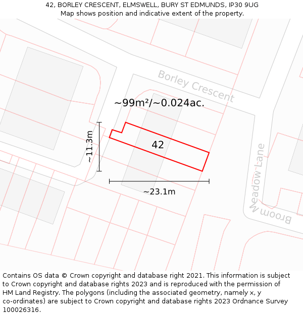 42, BORLEY CRESCENT, ELMSWELL, BURY ST EDMUNDS, IP30 9UG: Plot and title map