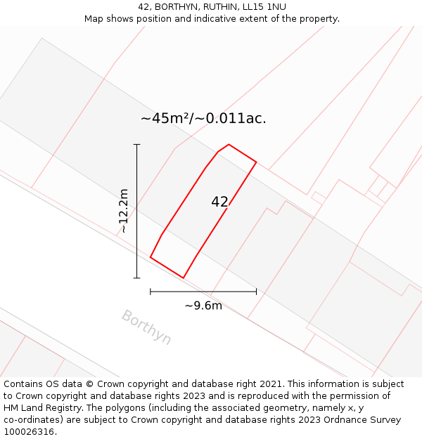 42, BORTHYN, RUTHIN, LL15 1NU: Plot and title map