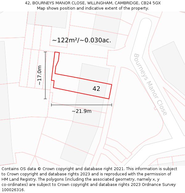 42, BOURNEYS MANOR CLOSE, WILLINGHAM, CAMBRIDGE, CB24 5GX: Plot and title map