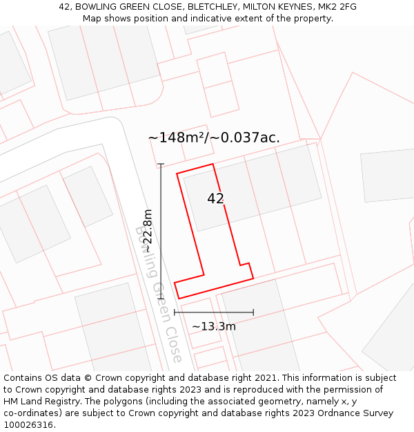 42, BOWLING GREEN CLOSE, BLETCHLEY, MILTON KEYNES, MK2 2FG: Plot and title map