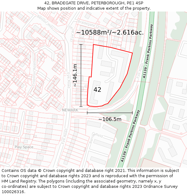 42, BRADEGATE DRIVE, PETERBOROUGH, PE1 4SP: Plot and title map