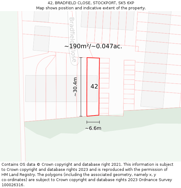 42, BRADFIELD CLOSE, STOCKPORT, SK5 6XP: Plot and title map