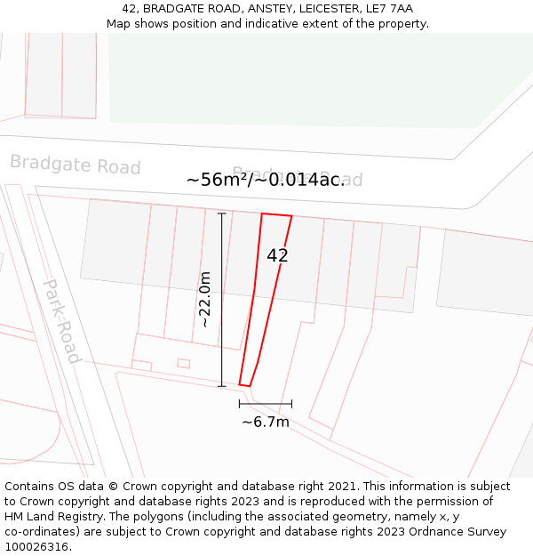 42, BRADGATE ROAD, ANSTEY, LEICESTER, LE7 7AA: Plot and title map