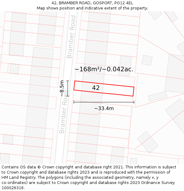 42, BRAMBER ROAD, GOSPORT, PO12 4EL: Plot and title map