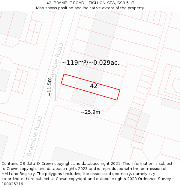42, BRAMBLE ROAD, LEIGH-ON-SEA, SS9 5HB: Plot and title map