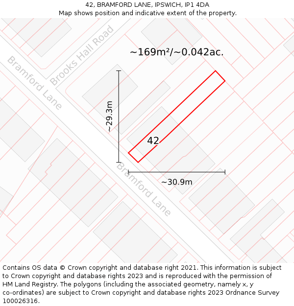 42, BRAMFORD LANE, IPSWICH, IP1 4DA: Plot and title map