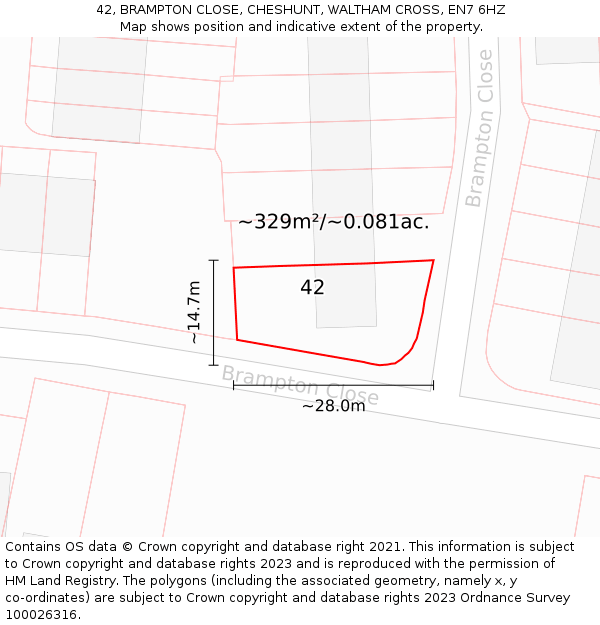 42, BRAMPTON CLOSE, CHESHUNT, WALTHAM CROSS, EN7 6HZ: Plot and title map