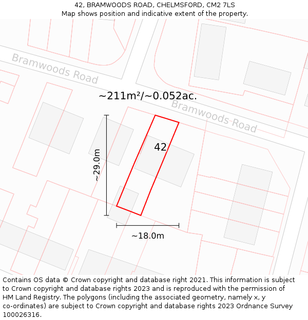 42, BRAMWOODS ROAD, CHELMSFORD, CM2 7LS: Plot and title map