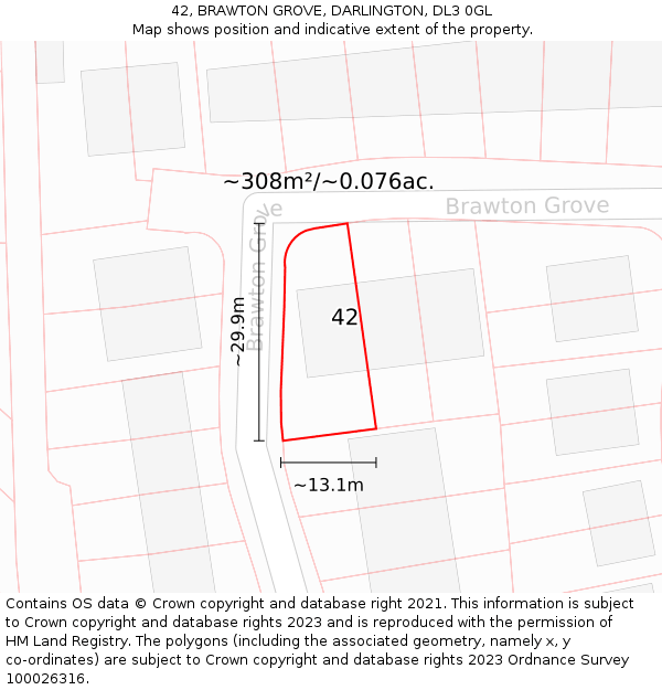 42, BRAWTON GROVE, DARLINGTON, DL3 0GL: Plot and title map