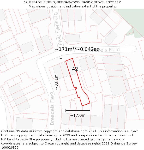 42, BREADELS FIELD, BEGGARWOOD, BASINGSTOKE, RG22 4RZ: Plot and title map