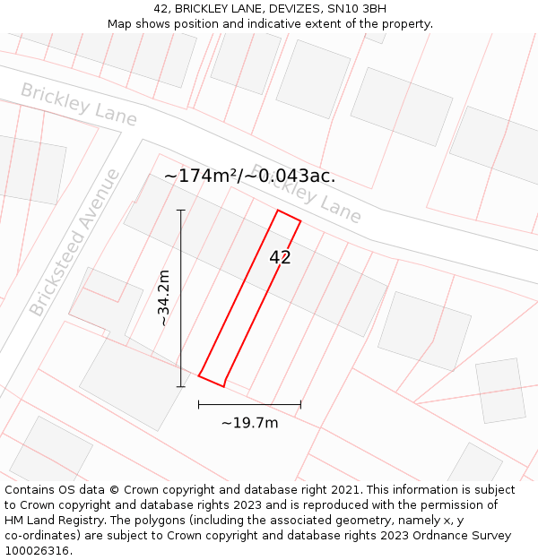42, BRICKLEY LANE, DEVIZES, SN10 3BH: Plot and title map