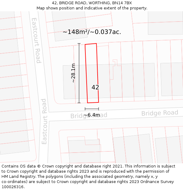 42, BRIDGE ROAD, WORTHING, BN14 7BX: Plot and title map