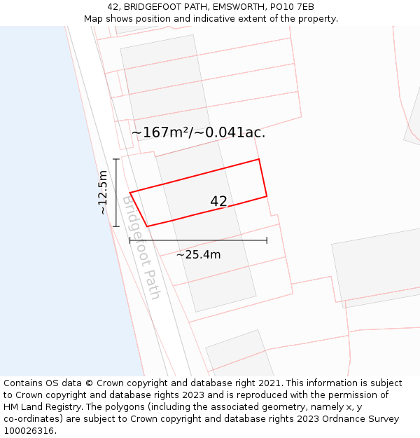 42, BRIDGEFOOT PATH, EMSWORTH, PO10 7EB: Plot and title map