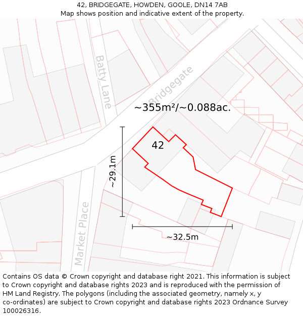 42, BRIDGEGATE, HOWDEN, GOOLE, DN14 7AB: Plot and title map