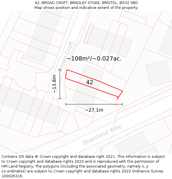 42, BROAD CROFT, BRADLEY STOKE, BRISTOL, BS32 0BD: Plot and title map