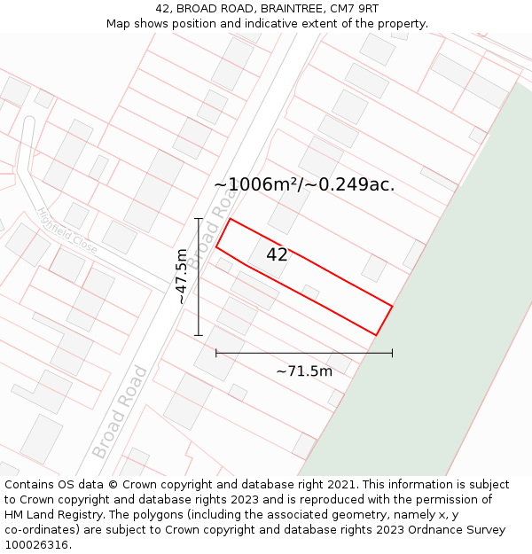 42, BROAD ROAD, BRAINTREE, CM7 9RT: Plot and title map