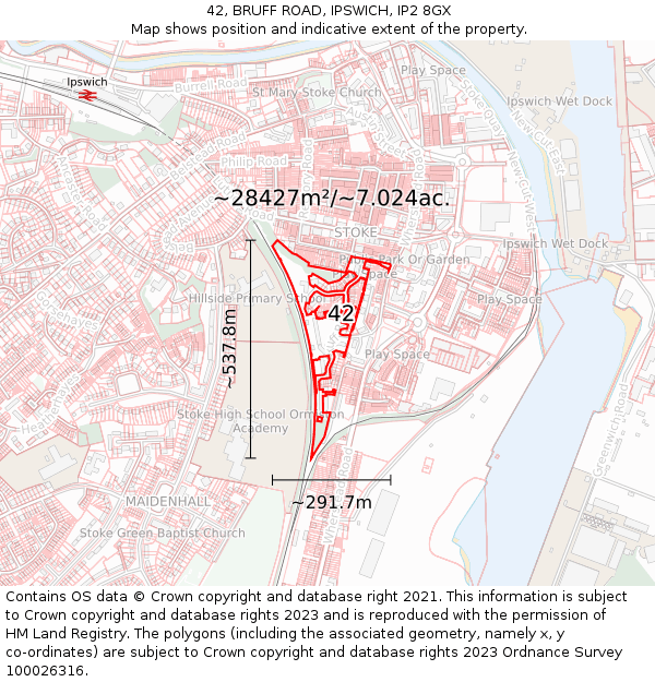 42, BRUFF ROAD, IPSWICH, IP2 8GX: Plot and title map