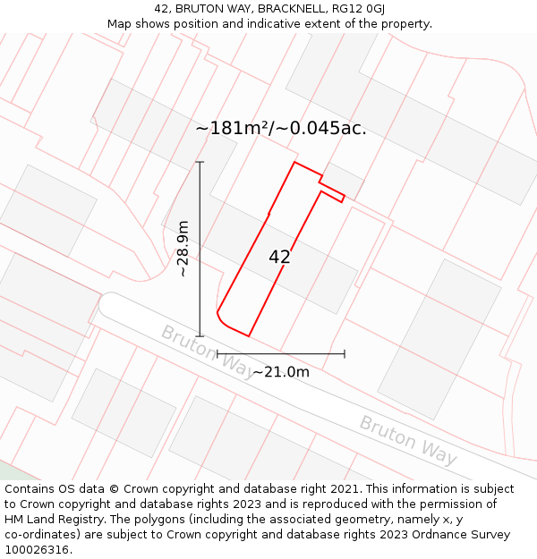 42, BRUTON WAY, BRACKNELL, RG12 0GJ: Plot and title map