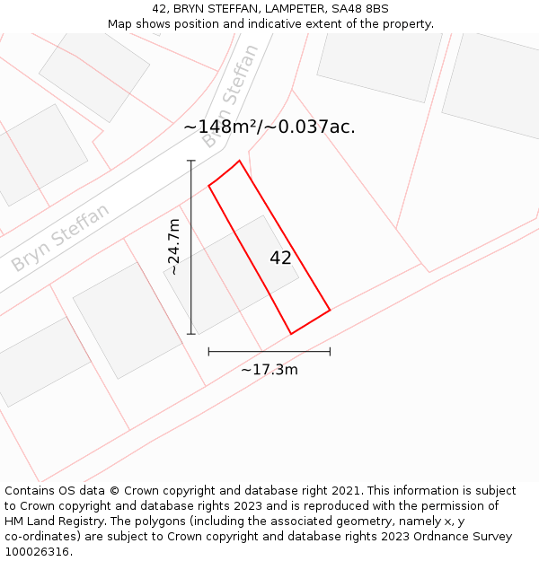 42, BRYN STEFFAN, LAMPETER, SA48 8BS: Plot and title map