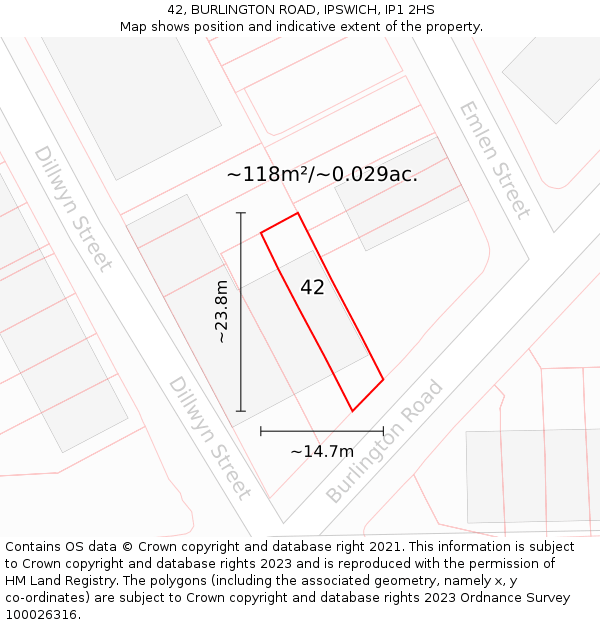 42, BURLINGTON ROAD, IPSWICH, IP1 2HS: Plot and title map