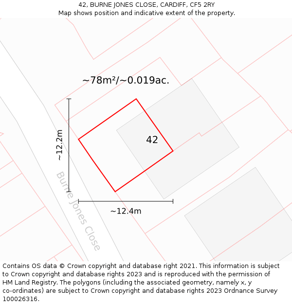 42, BURNE JONES CLOSE, CARDIFF, CF5 2RY: Plot and title map