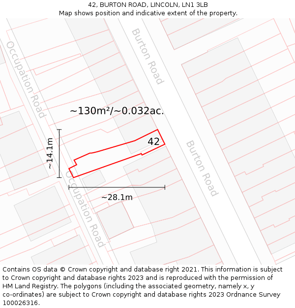 42, BURTON ROAD, LINCOLN, LN1 3LB: Plot and title map