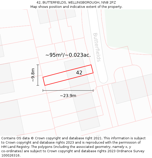 42, BUTTERFIELDS, WELLINGBOROUGH, NN8 2PZ: Plot and title map