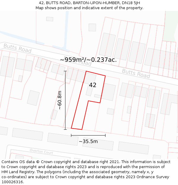 42, BUTTS ROAD, BARTON-UPON-HUMBER, DN18 5JH: Plot and title map