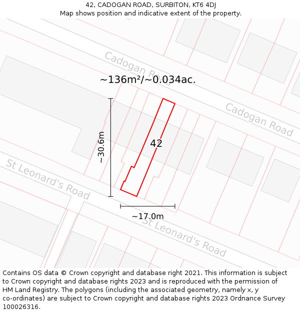 42, CADOGAN ROAD, SURBITON, KT6 4DJ: Plot and title map