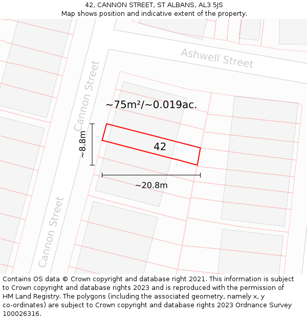 42, CANNON STREET, ST ALBANS, AL3 5JS: Plot and title map