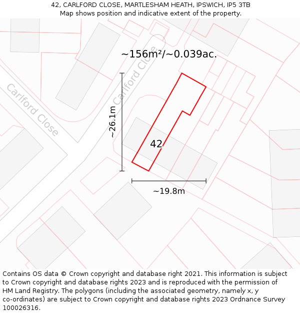 42, CARLFORD CLOSE, MARTLESHAM HEATH, IPSWICH, IP5 3TB: Plot and title map