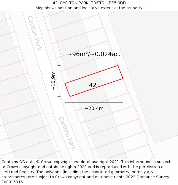 42, CARLTON PARK, BRISTOL, BS5 9DB: Plot and title map