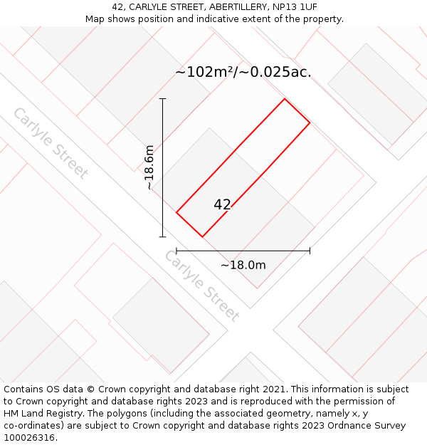 42, CARLYLE STREET, ABERTILLERY, NP13 1UF: Plot and title map