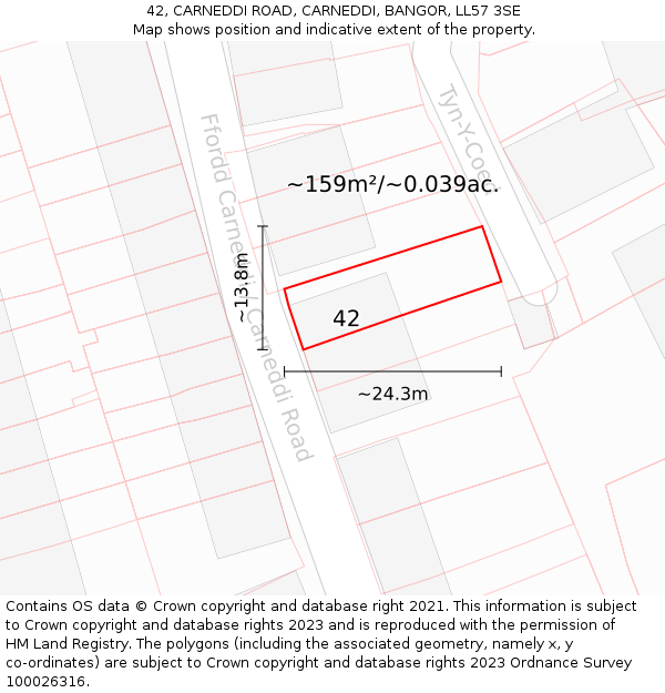 42, CARNEDDI ROAD, CARNEDDI, BANGOR, LL57 3SE: Plot and title map