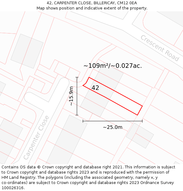42, CARPENTER CLOSE, BILLERICAY, CM12 0EA: Plot and title map