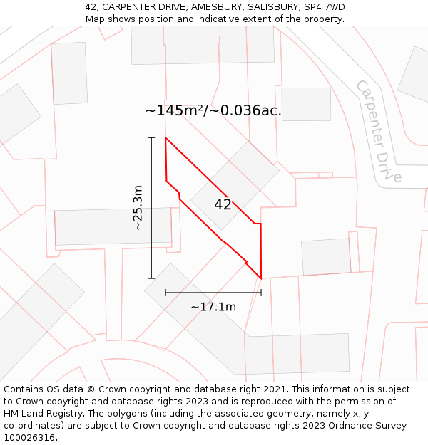 42, CARPENTER DRIVE, AMESBURY, SALISBURY, SP4 7WD: Plot and title map