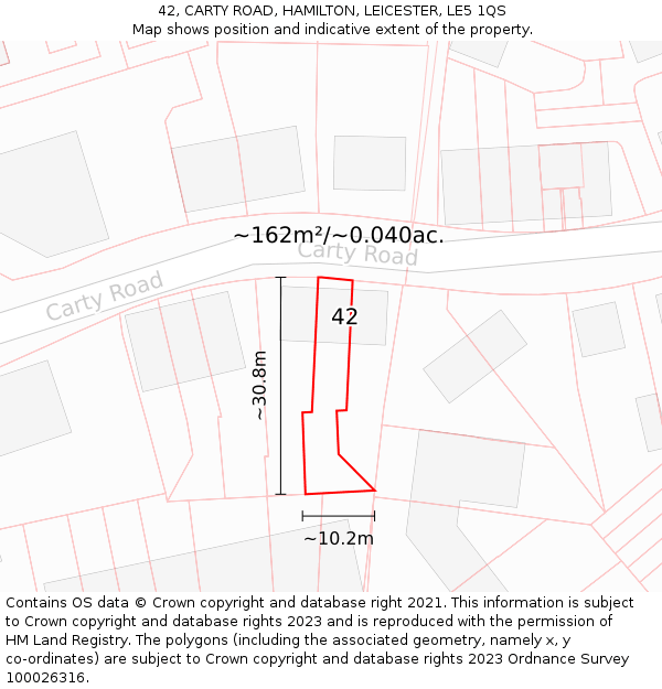 42, CARTY ROAD, HAMILTON, LEICESTER, LE5 1QS: Plot and title map